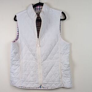 Talbots White Quilted Reversible Vest Colorful Plaid Pattern Size L